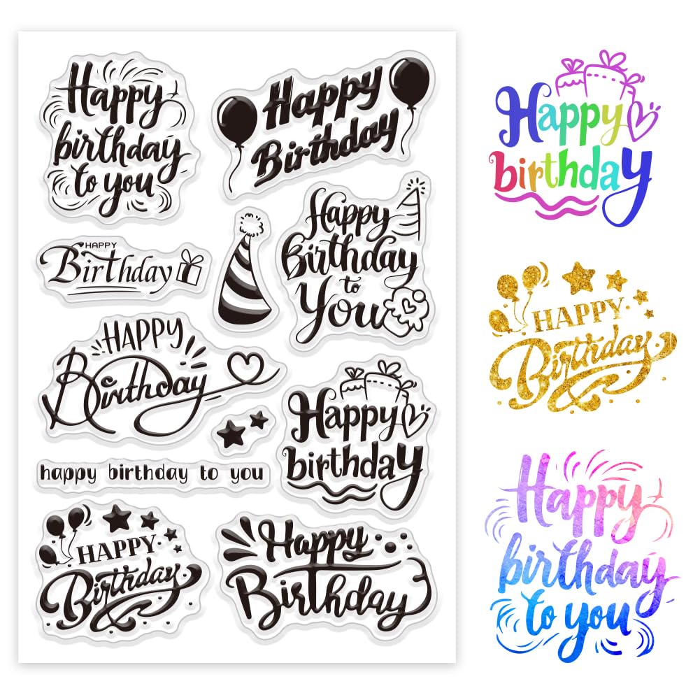 GLOBLELAND Decorative Happy Birthday Clear Stamps for Card Making Birthday Text Clear Stamp Seals Transparent Stamp for DIY Scrapbooking Photo Album Journal Home Decoration