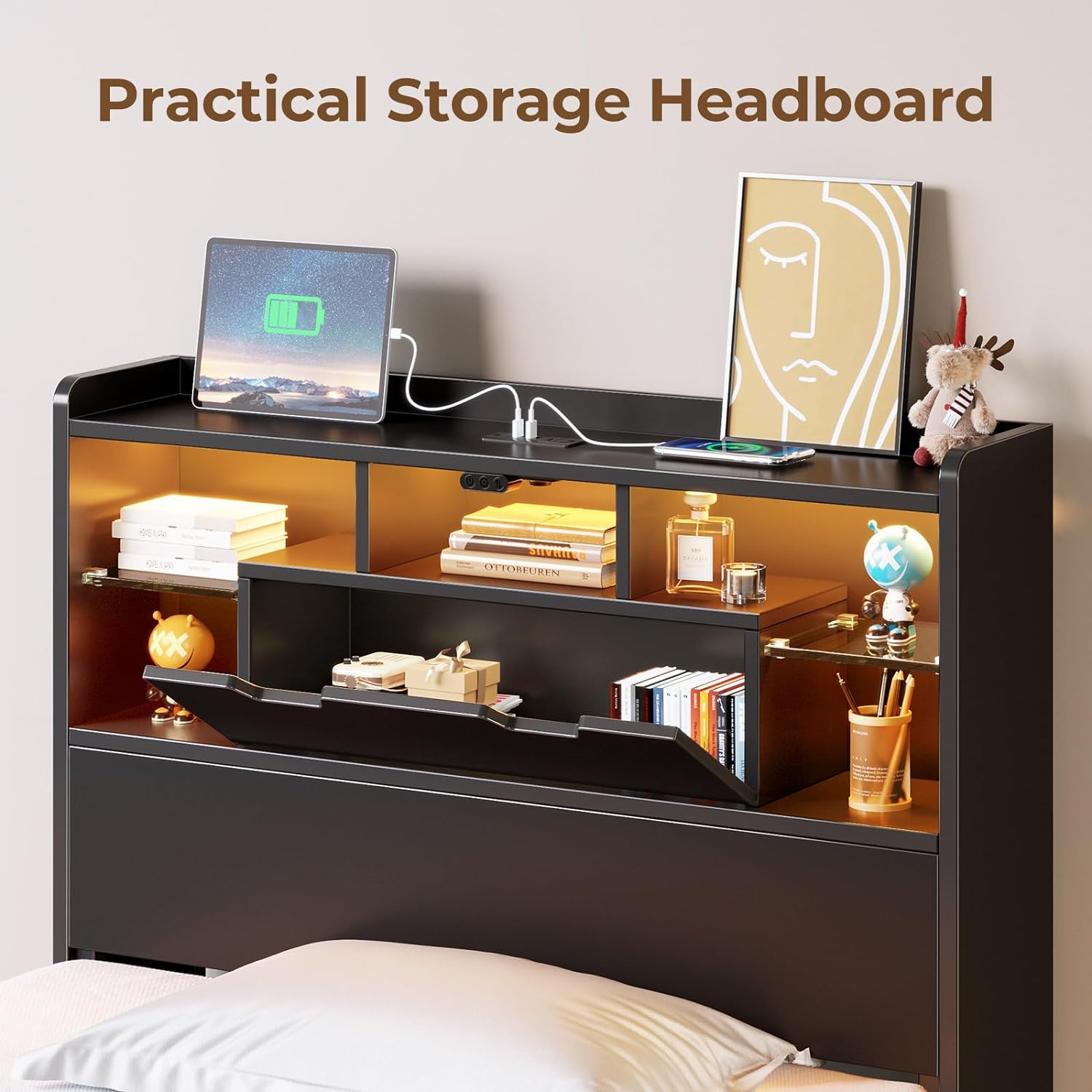 Rolanstar Twin Bed Frame with Headboard, LED Bed with Bookcase Storage and Charging Station, Metal Platform Bed with Glass Shelves, No Box Spring Needed, Noise-Free, Black - Image 4