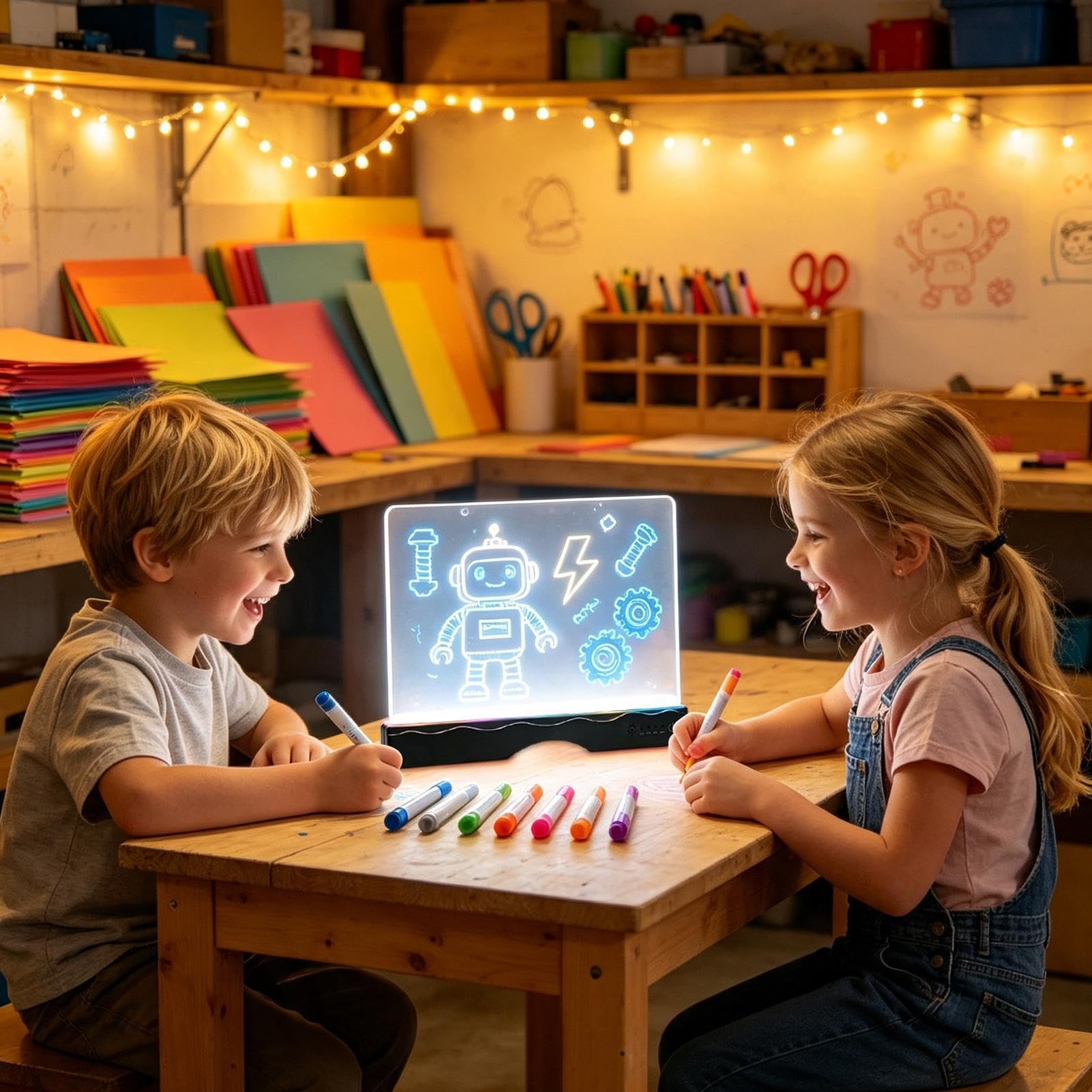 Pizarra de dibujo LED portátil para niños Tableta de Escritura Recargable | Tablero de Mensajes LED con 13 Efectos para Avión Coche Viajes Hogar Aula Escuela Niños y Niña
