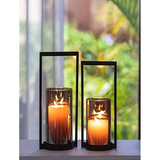 Sziqiqi Candle Holders Wind Light Black with Smoke Glass