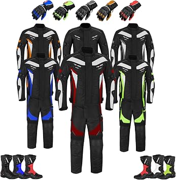 A Full Set of Waterproof Motorbike 2 Piece Suit in Cordura Fabric and Armour - Jacket + Trouser + High Ankle Boots + Gloves- Racing Touring Events Black, S - 36 Chest / 30 Waist