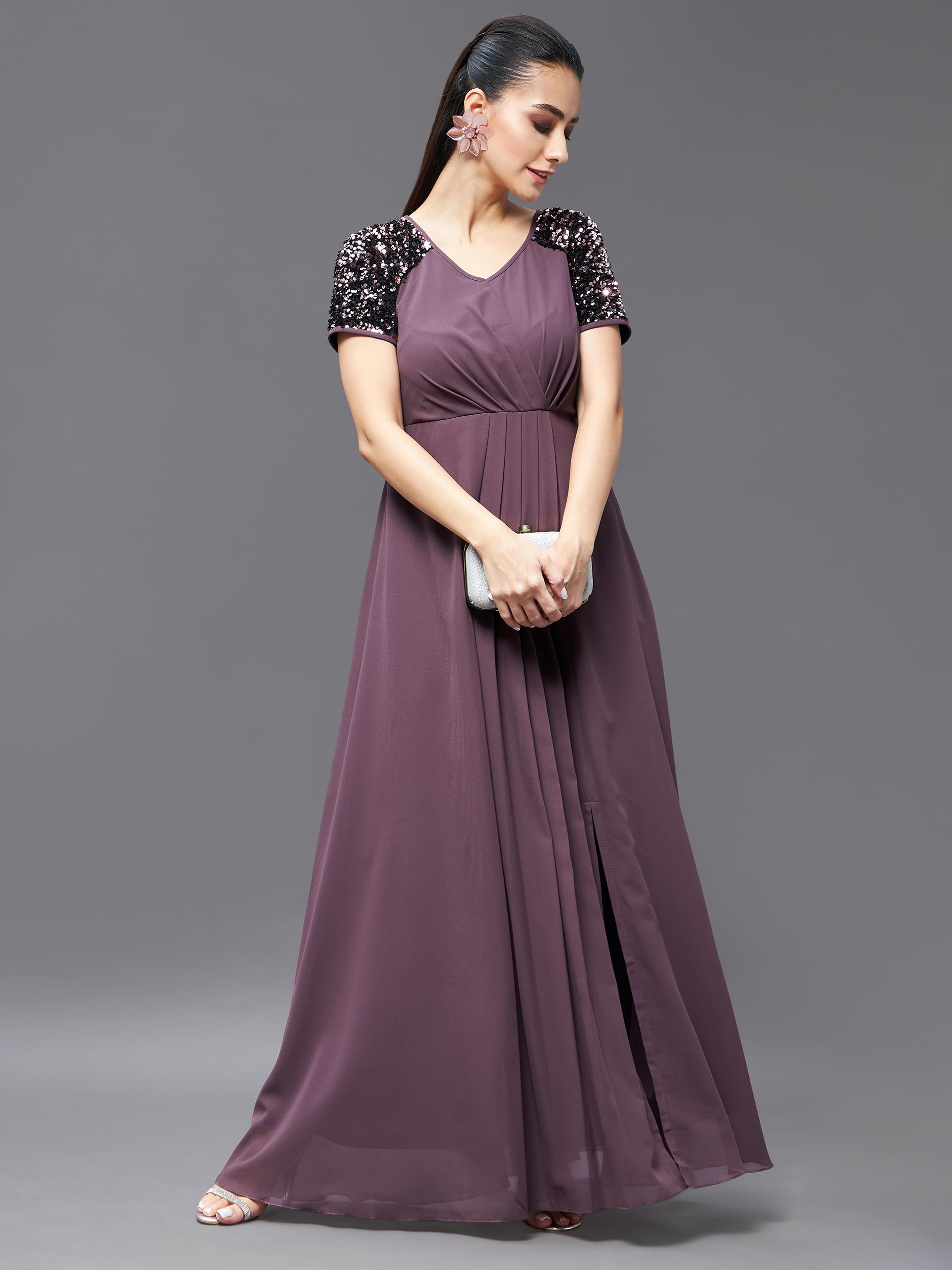 Miss Chase Women's Relaxed Fit Maxi Georgette Dress (Mcss22D16-18-271-02, Mauve, Xs)