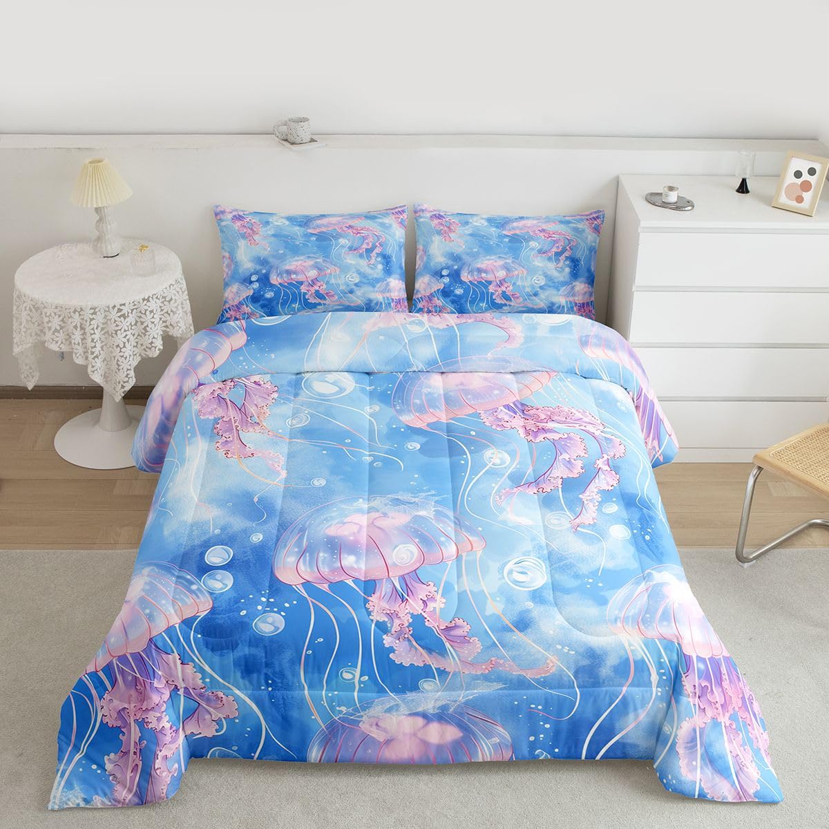 Castle Fairy Cartoon Jellyfish Bedding Set King Size Sea Animal Marine Life Comforter Boys Girls Bedroom Decor Aquatic Animals Comforter Set Blue Purple 3Pcs Quilt Set,2 Pillowcase