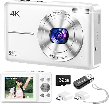 Moledro Digital Camera, 4K Digital Camera, 64 Megapixels, 32 GB Micro SD Card Included, 18x Digital Zoom, Auto Focus, Webcam, LED Light, Image Stabilization, Multiple Filters, Self Timer, Portable and