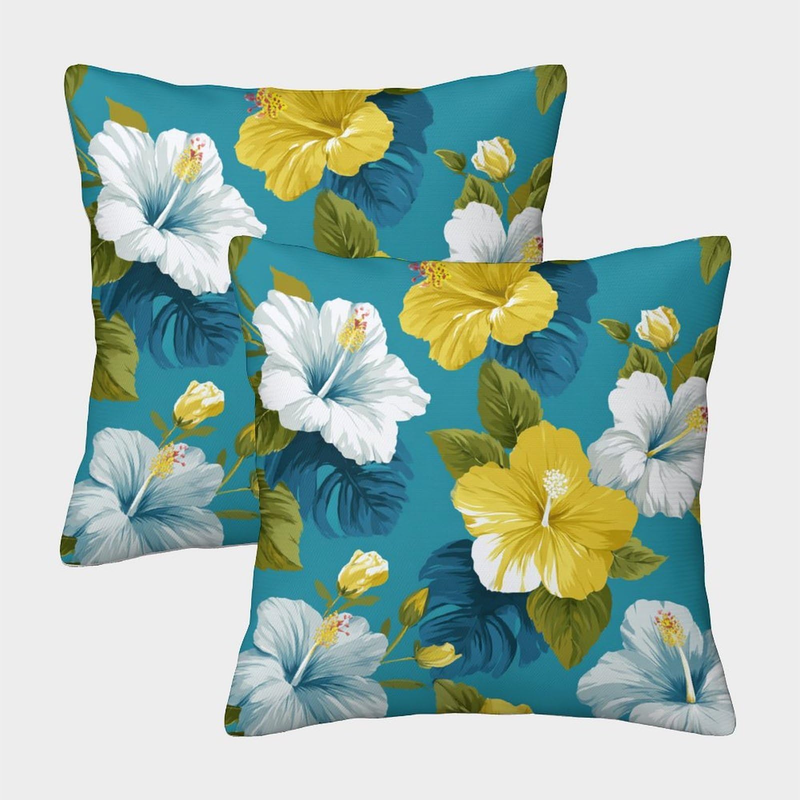 kaiyun 2 Pack Yellow And White Hibiscus Flowers, Tropical Leaves Pillow Case 50x50cm Throw Pillow Case,Modern Decoration Pattern for Terrace Sofa Bedroom Indoor Outdoor Party