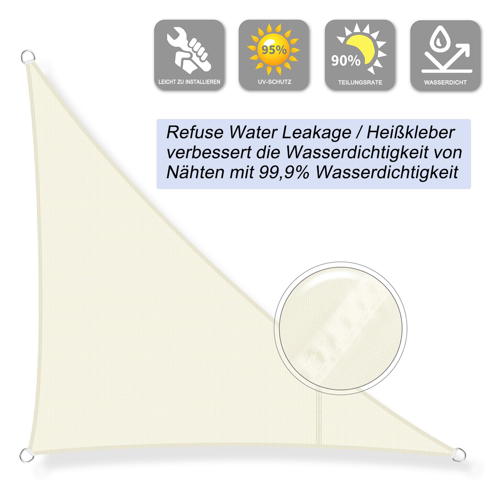 Sunnylaxx 3x3x4.25m Sonnensegel Dreieckig,420D Oxfordgewebe Wasserdicht Sonnenschutz Sunsegel UV-Schutz,für Außenbereich,Garten,Terrasse Balkon -Cream