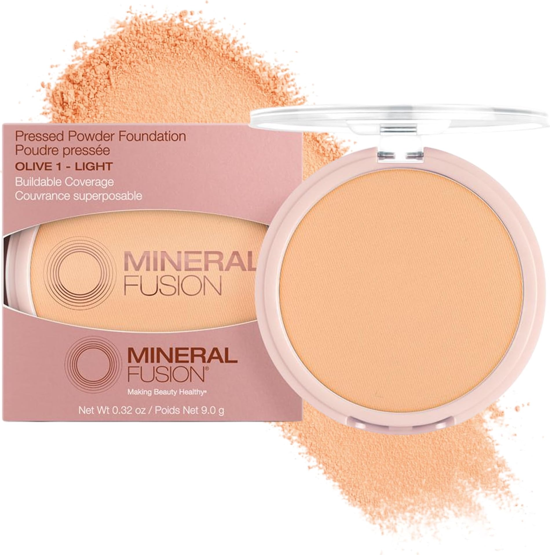 Mineral Fusion Pressed Powder Foundation, Olive 1 - Light Skin w/Greenish Undertones, Age Defying Foundation Makeup with Matte Finish, Talc Free Face Powder, Hypoallergenic, Cruelty-Free, 0.32 Oz.