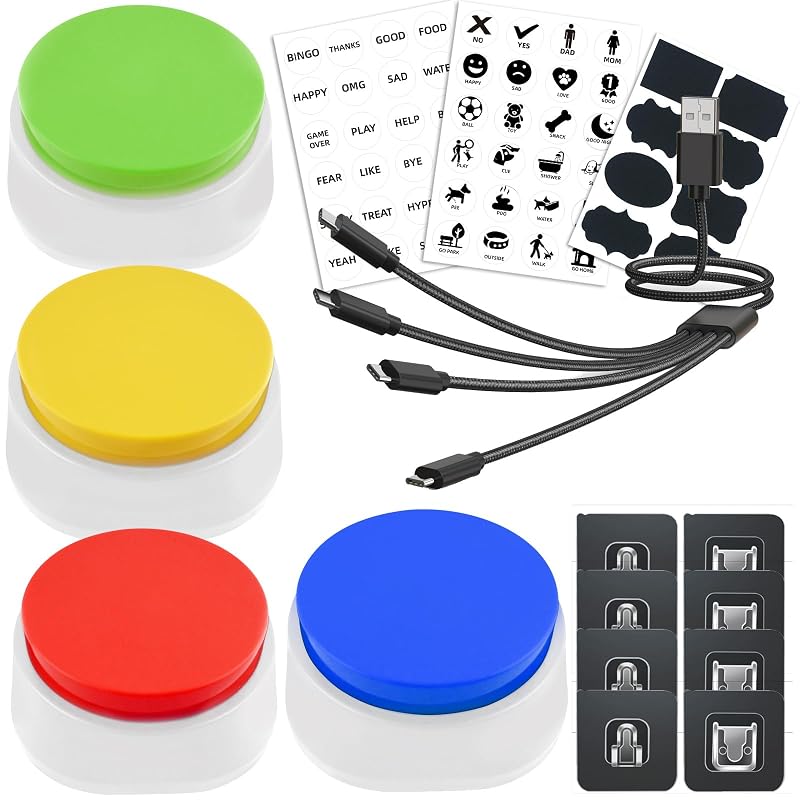 Botões de comunicação para adestramento de cães GreatStyler recarregáveis e graváveis CW, Pacote com 4 (Red+Yellow+Blue+Green)