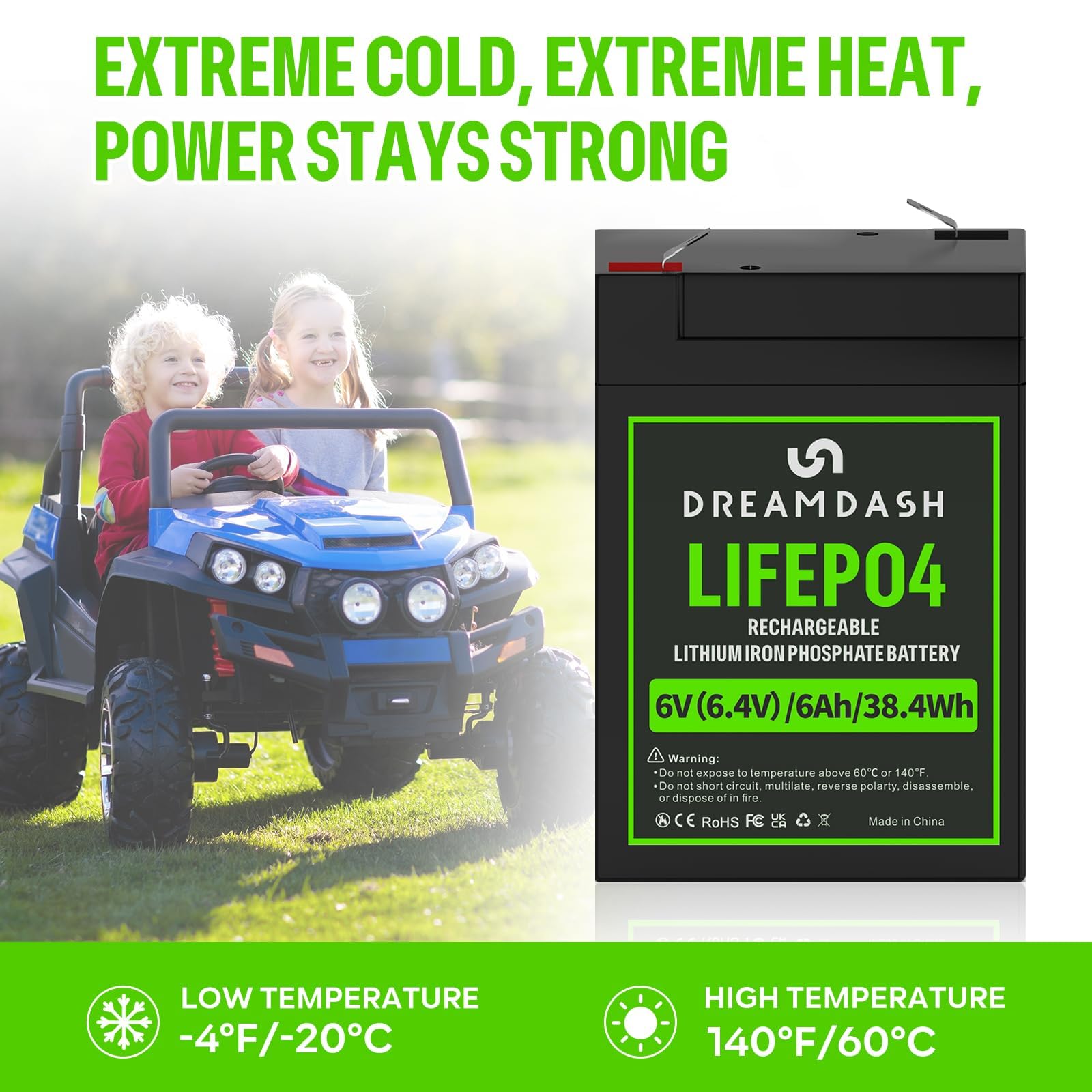 Batería de litio recargable de 6V 6Ah LiFePO4, 3000+ Ciclos Profundos, funciona de -20 ℃ a 60 ℃, IP55 para Casa, Coches de Juguete para Niños, Lanchas a Motor, Camper