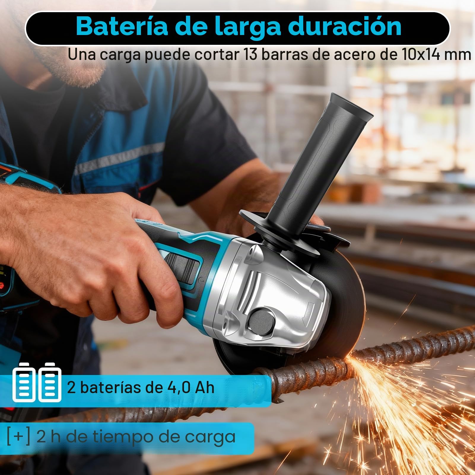 Amoladora angular con batería de 125 mm, juego de amoladora angular Flex con 2 baterías de 4.0 Ah, motor sin escobillas de 1200 W de 4 etapas de regulación 10.500 RPM, 10 piezas de discos de corte