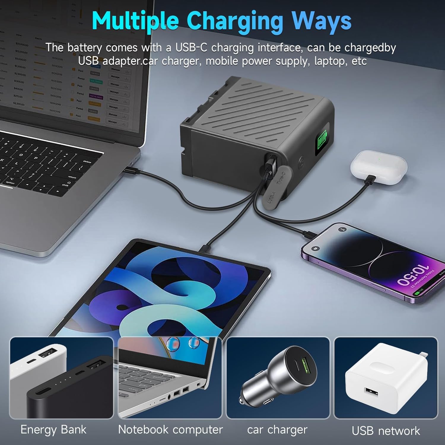 2 Baterías NP-F750 de 6600 mAh con Cable Micro USB para Sony NPF F980 F970 F960 F930 F770 F750 F550 Batería o lámpara de vídeo LED YN660 LED308
