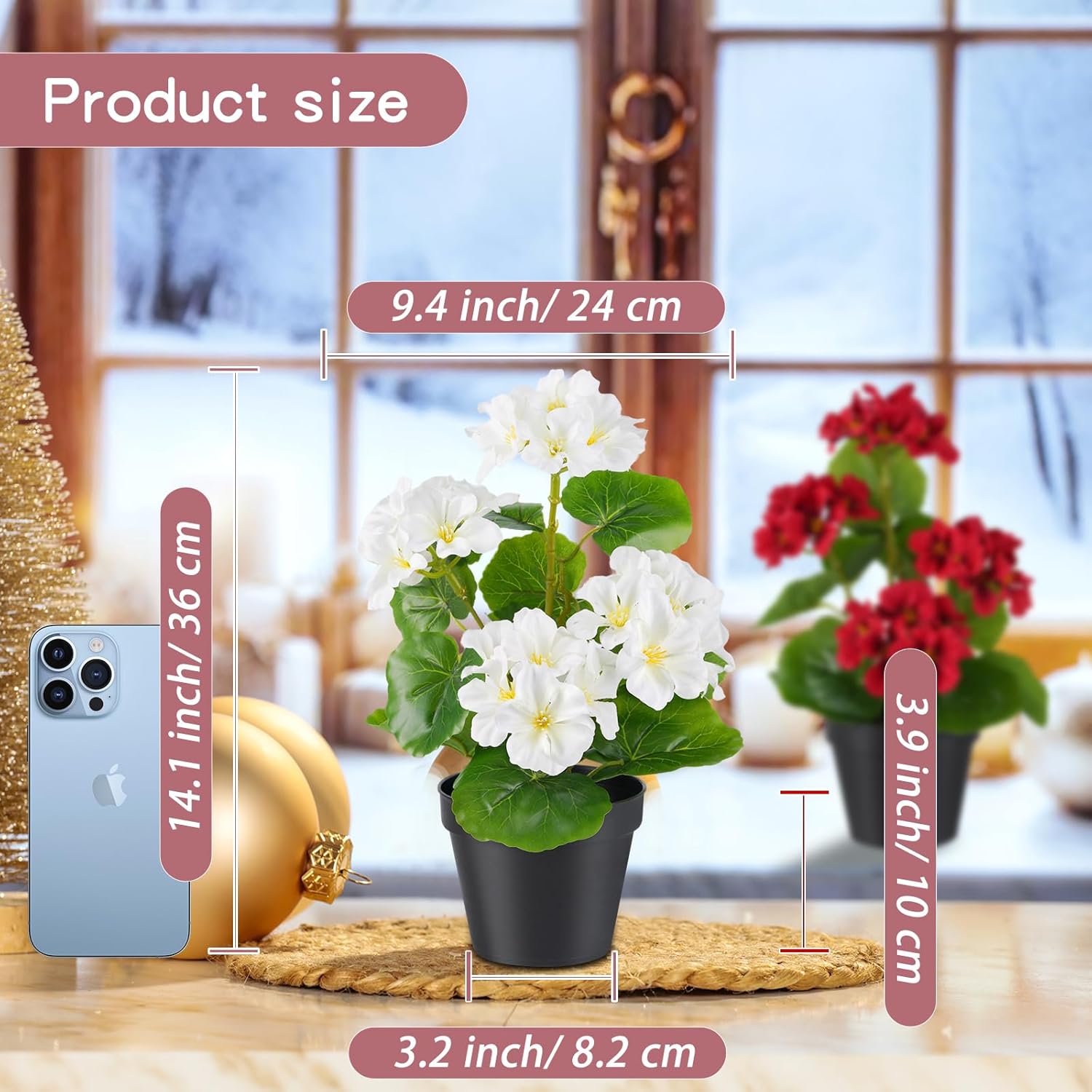2 Pack Artificial Geranium Flowers Small 13 Inch Faux Flowers Spring Summer Decoration Fake Flowers for Home Office Table Decorations Indoor (White)