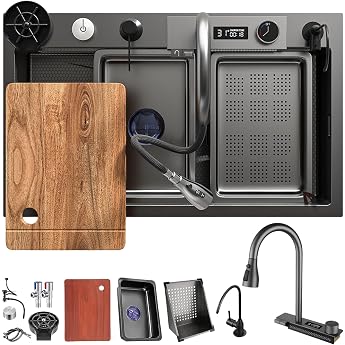 Black Waterfall Kitchen Sink 90 x 50 cm 1 Basin Kitchen Sink Stainless Steel Rectangular Siphon Overflow and Drain Set Multifunctional Modern Sink Waterfall Sink with Accessory Set