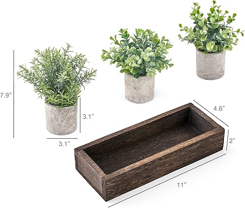 Miniatura 6 de Dahey Paquete de 3 mini plantas artificiales de eucalipto en maceta con bandeja de madera centro de mesa macetas de pulpa de granja decoración del