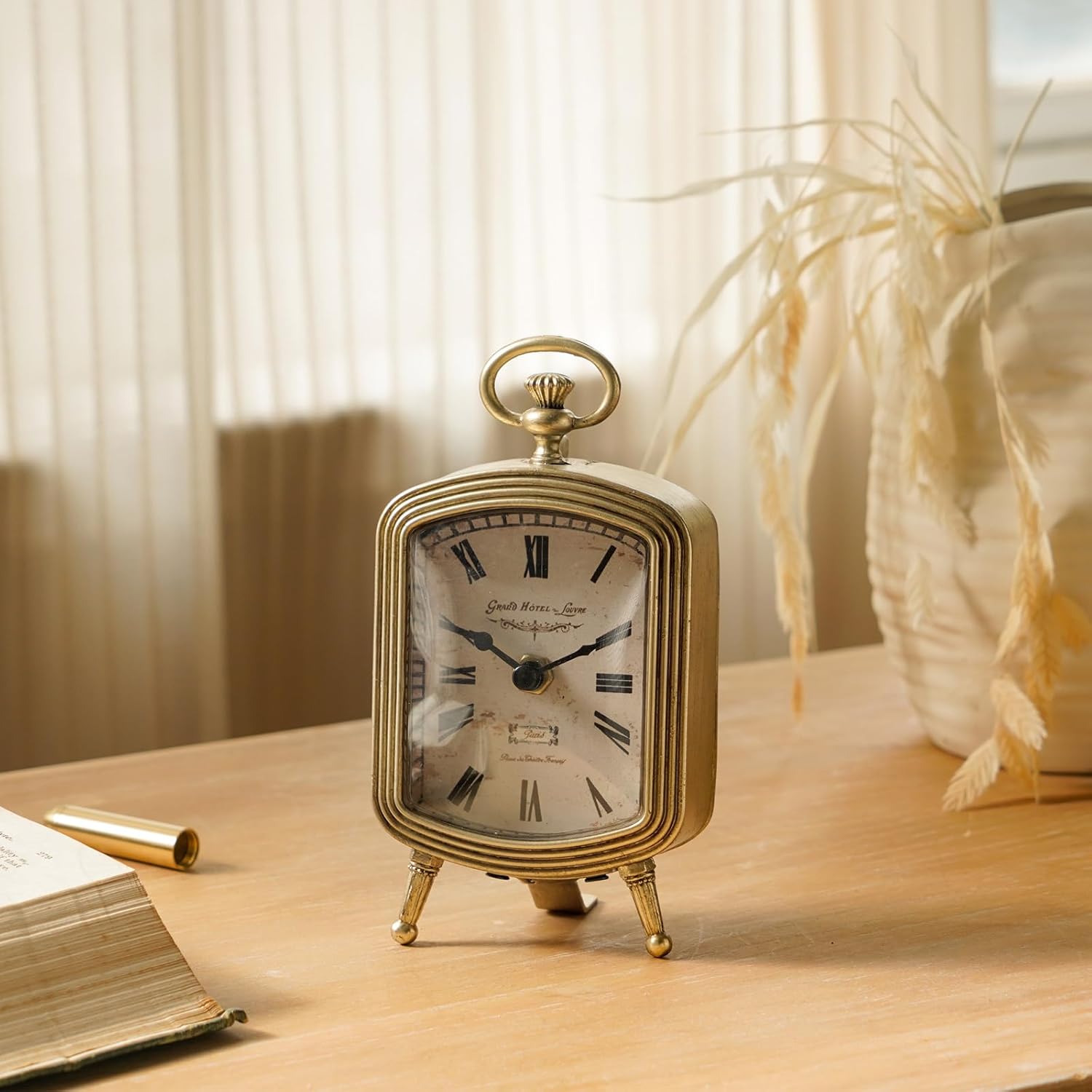 NIKKY HOME Small Vintage Gold Table Clock, Retro Elegant Silent Battery Operated Metal Decorative Mantel Desk Shelf Clocks for Living Room Decor