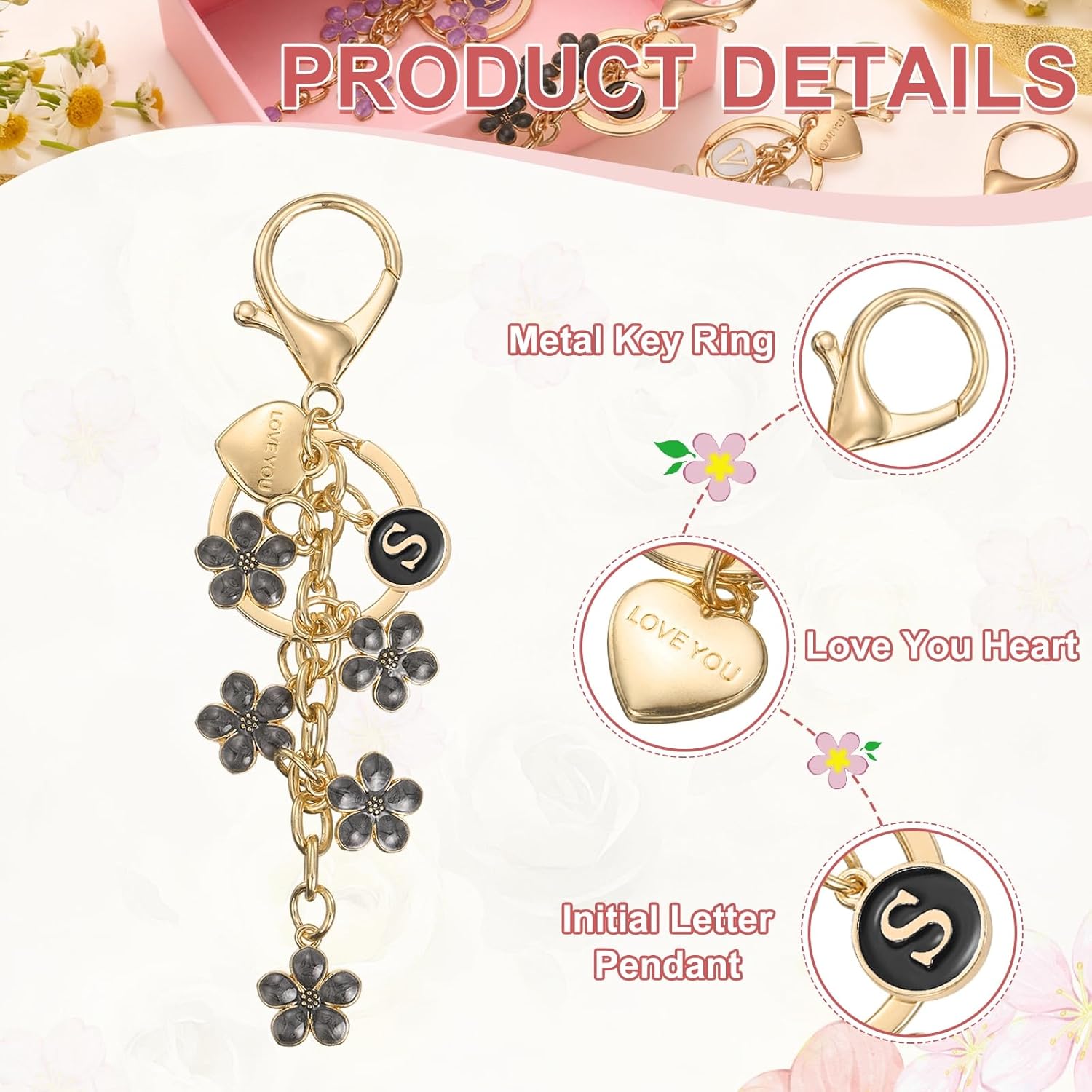 PATIKIL Initial Letter Keychain, Cute Flower Key Chain Women Bling Key Chains for Bag Backpack - Image 3