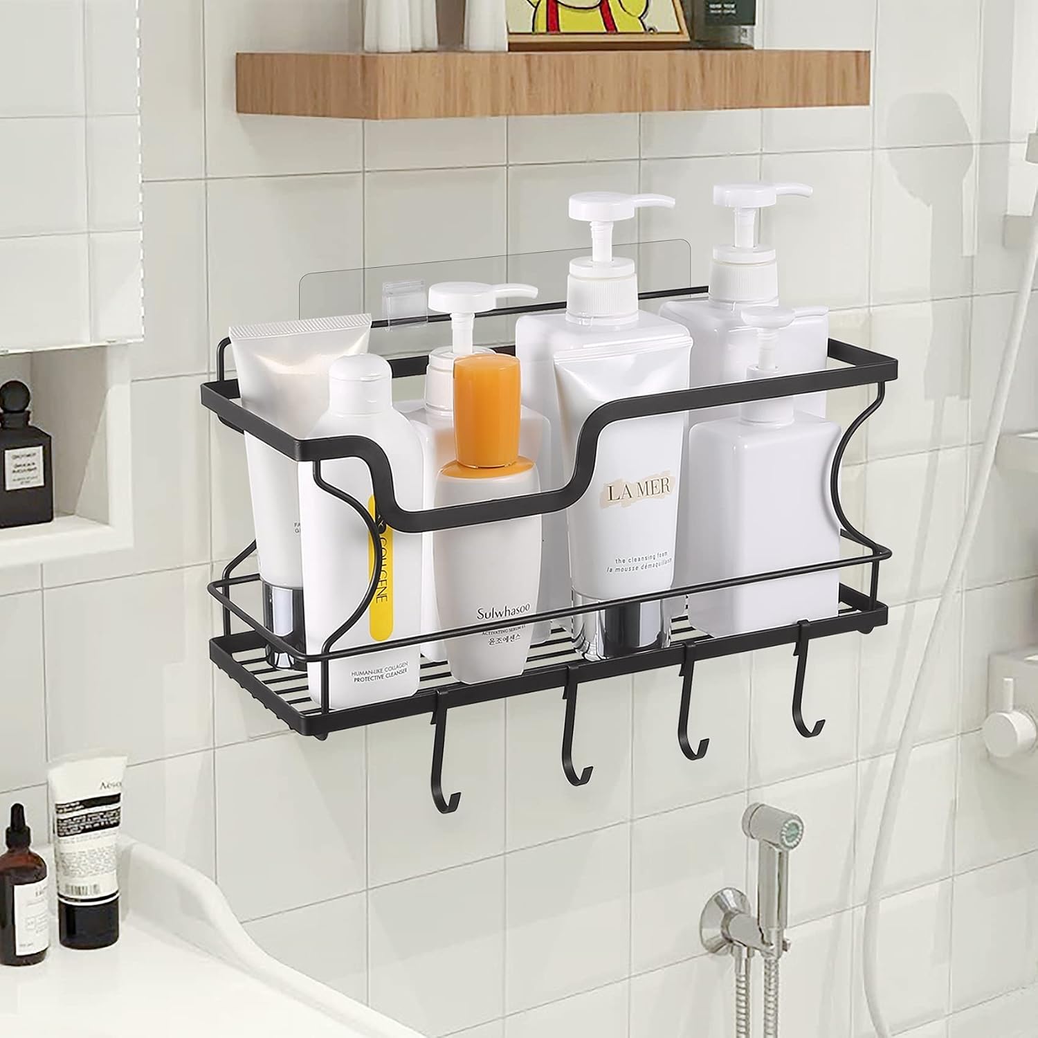 Bathroom Shower Organizer with Hooks No Drilling Adhesive Wall Mounted Shower Caddy Basket Shelf Multi-Function Stainless Steel Holder Rack for Kitchen Panty Organization and Storage (1 Tier, Black)