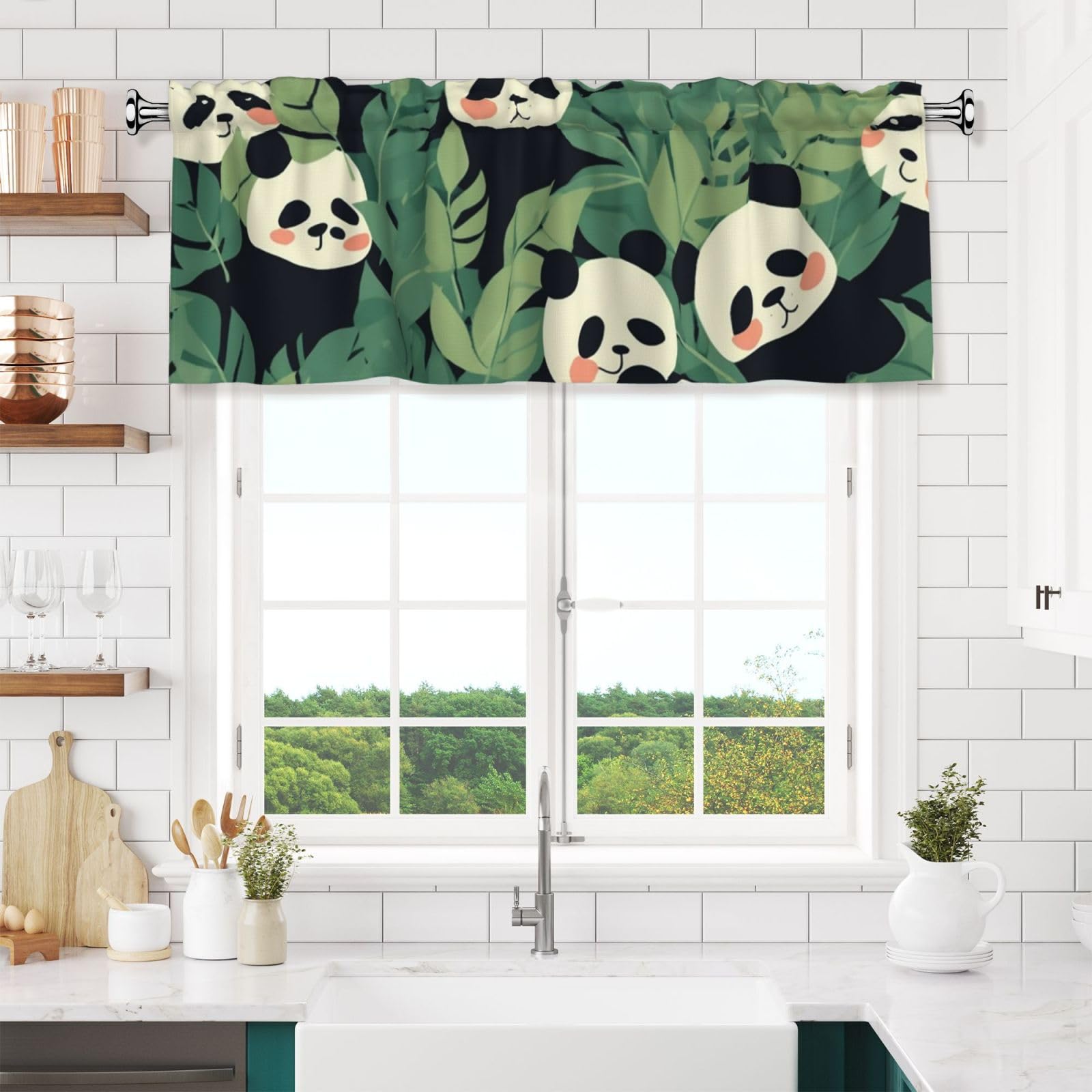 NONHAI Leaves Panda Valances for Windows Short Curtains Rod Pocket Cafe Window Treatments Valance Curtains for Kitchen Bathroom Laundry Basement Windows 54x18inch Blackout Window Valance