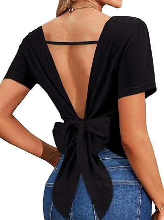 LilyCoco Womens Backless Top Open Back Twist Criss Cross Short Sleeve V Neck T Shirt