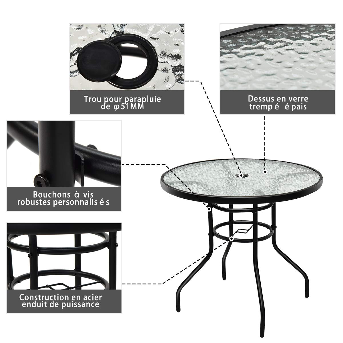 COSTWAY Table de Jardin Ronde, Plateau en Verre Trempé Massif avec Trou de Parasol, Cadre en Métal Anti-Rouille Plateau ø 80 CM, Hauteur 70 CM pour Balcon, Bistro,Patio, Terrasse Noir