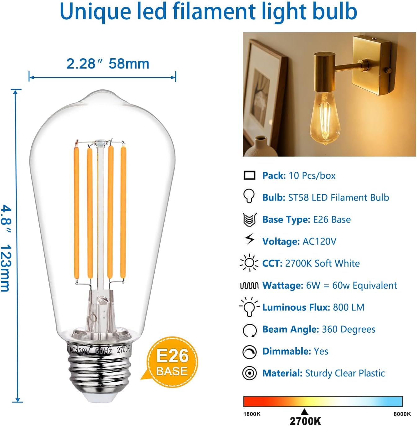 10Pack ST58 Shatterproof LED Edison Bulbs, Vintage Light Bulb 60W Equivalent - Dimmalbe 6W 800LM Warm White 2700K, Antique Decorative Filament Bulbs for Chandeliers, Pendants & Lamps.