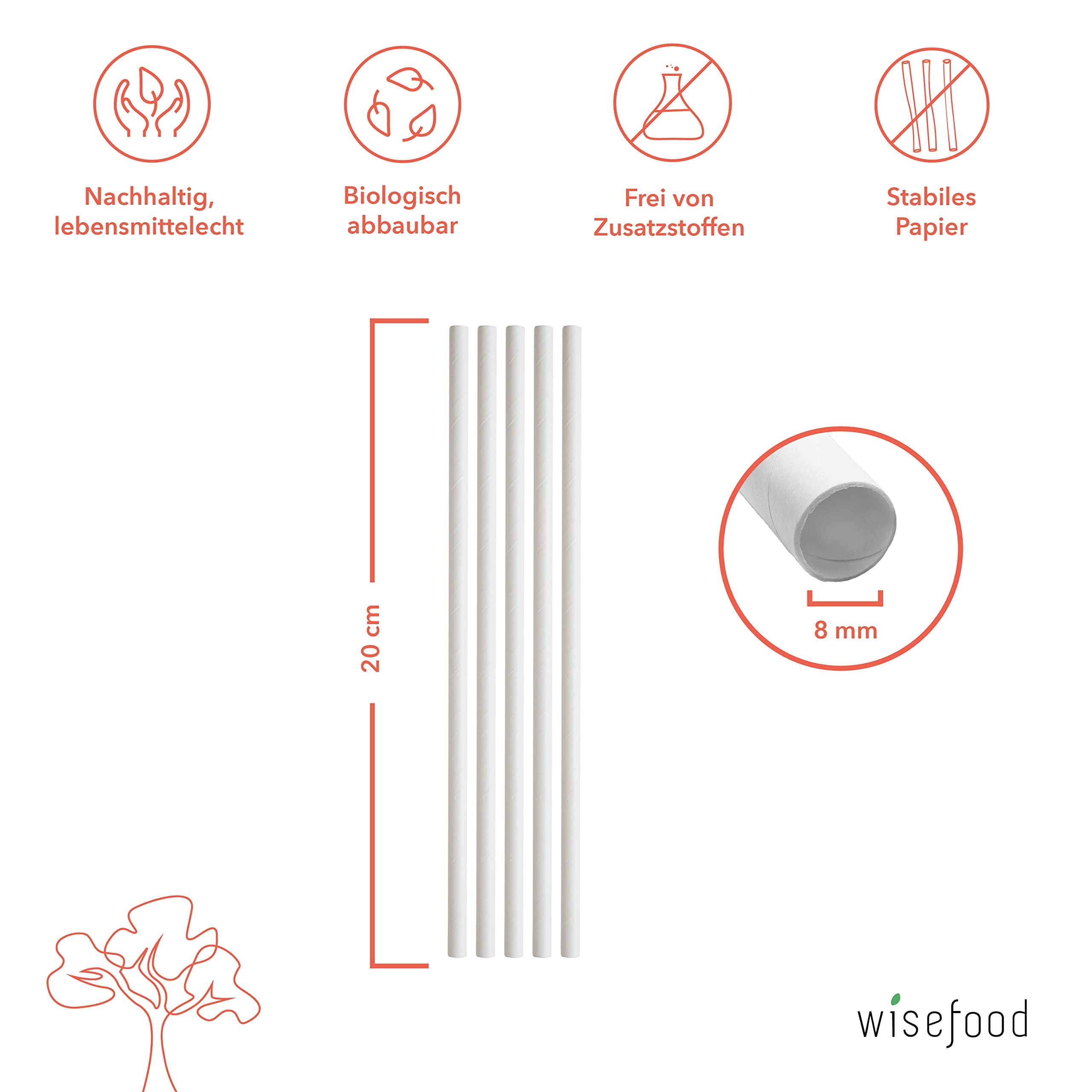 wisefood Pajitas de papel, 2000 unidades (20 x 100 unidades), color blanco, 8 mm de diámetro x 20 cm, sin PLA/PE, biodegradables y desechables