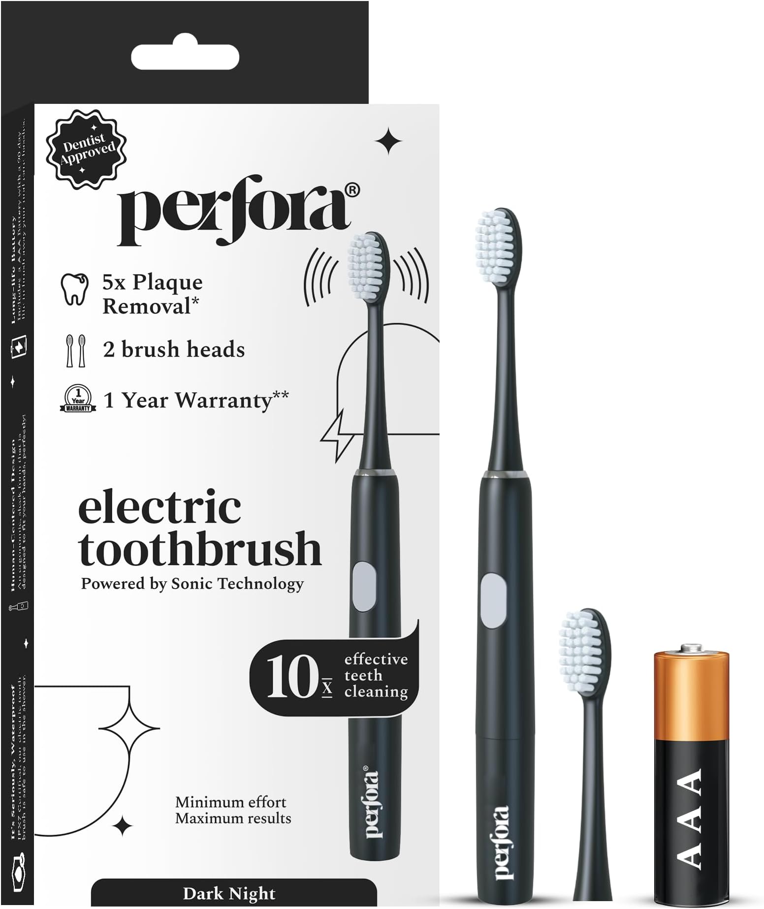 Perfora Electric Toothbrush, 2 Modes, AAA Powered, 2 Brush Heads, 90 Days Battery Life | 1 Year Warranty | Brush, Electric Toothbrush For Men, Women & Kids, 002 - Dark Night (Pack of 1)