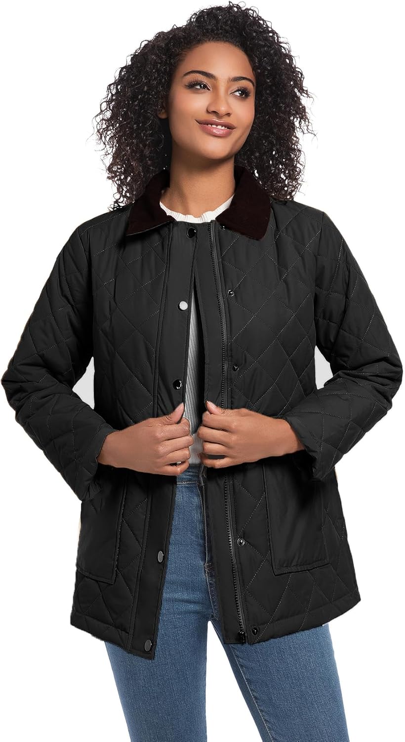 Quilted Barn Jacket for Women Corduroy Collar Lightweight Puffer Jackets Casual Winter Coat with Pockets - Image 2