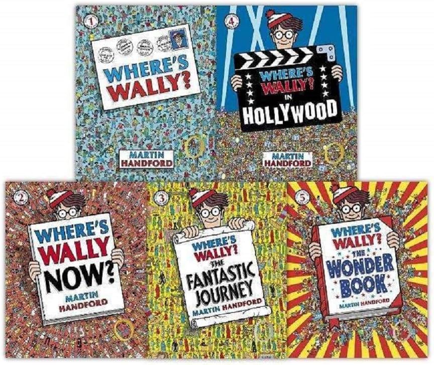 Where's Wally books: 5 large picture books and 1 Sticker Book (Where's Wally / Where's Wally Now / Wheres Wally The Fantastic Journey / Wheres Wally The Wonder Book / Wheres Wally In Hollywood)