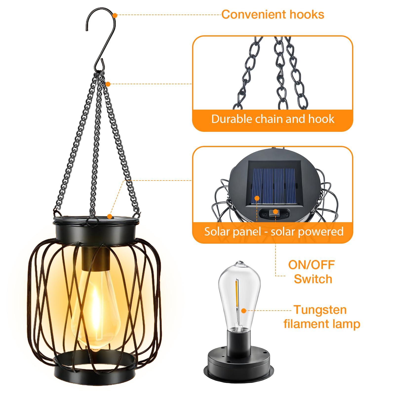 Solarlaternen für den Außenbereich, 4 Stück, Metall Solar Hängelaternen mit Haken – Outdoor-Hängelaterne Lichter wasserdicht, helle warme Laterne Dekor für den Außenbereich, Garten, Hof, Terrasse, Weg
