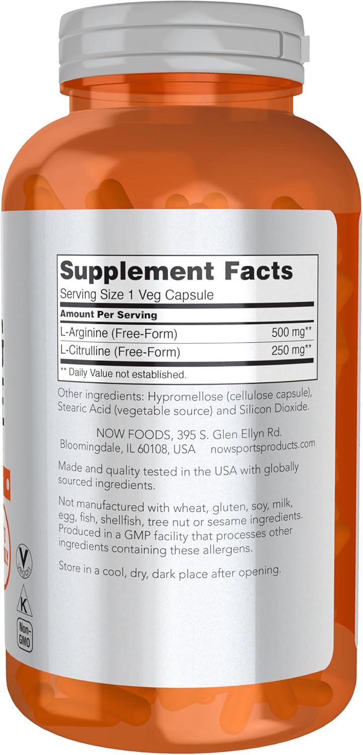 NOW Sports Nutrition, Arginine & Citrulline 500 mg/ 250 mg, Amino Acids, 240 Veg Capsules