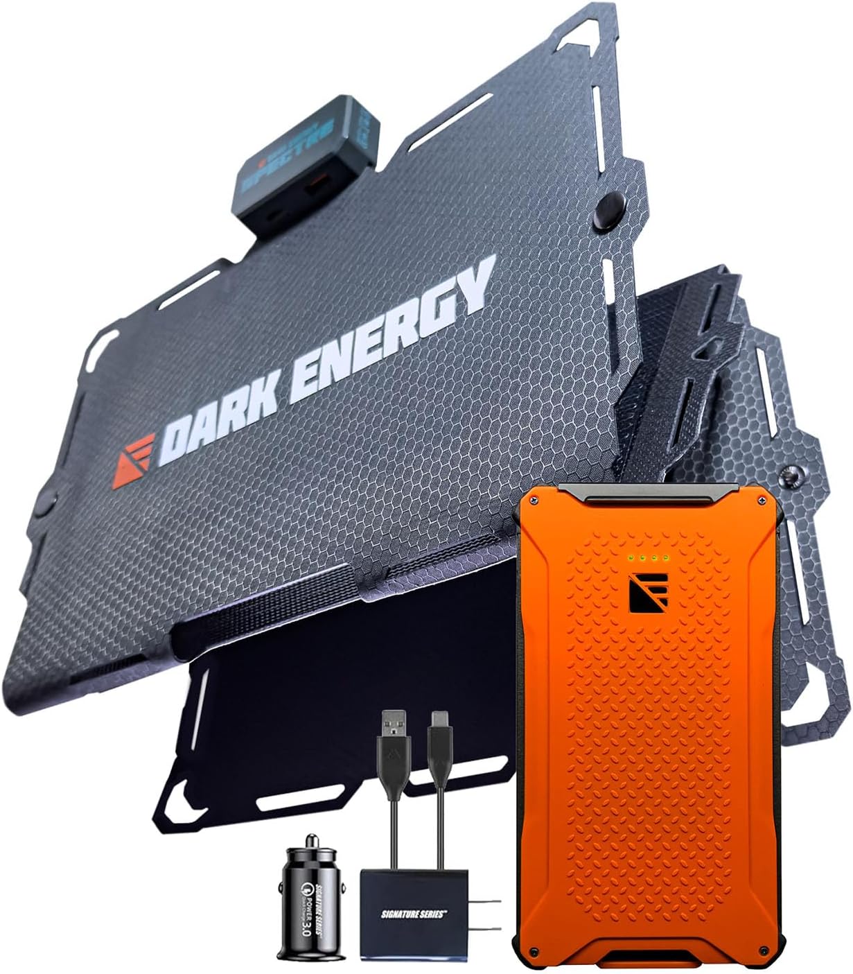 Dark Energy Poseidon Pro Indestructible Portable Charger with Spectre 18W Solar Panel | USB-A and USB-C, Ultra-Durable Armorflex, Ultra-Lite Flexible Panels | Signature Series Path, Hi-Vis Orange