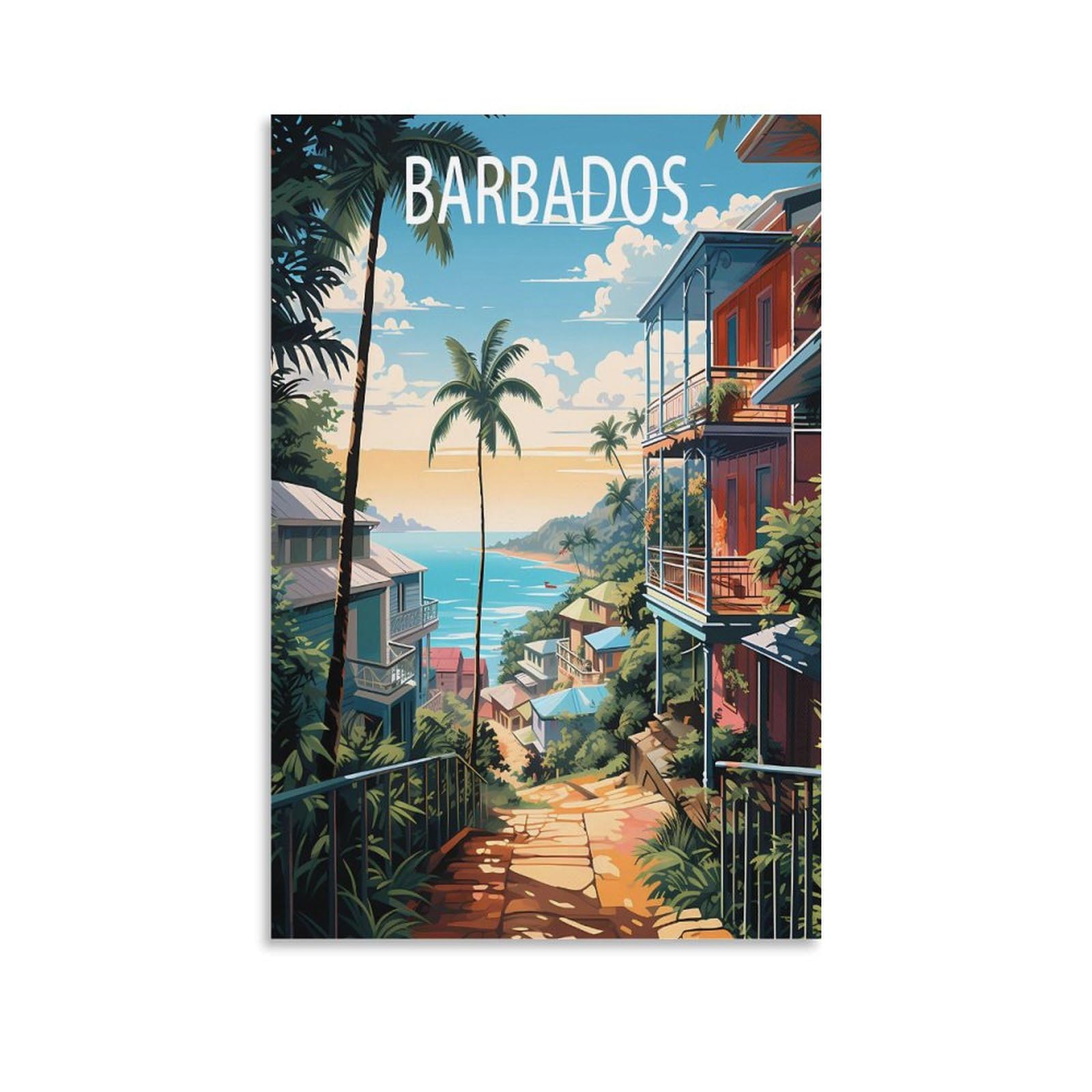 Puplum Unframe-Style Barbados Caribbean Street Vintage Travel Poster Landscape 16X24inch(40X60cm) Canvas Wall Art Posters For Living Room Decor Paintings For Home Decor