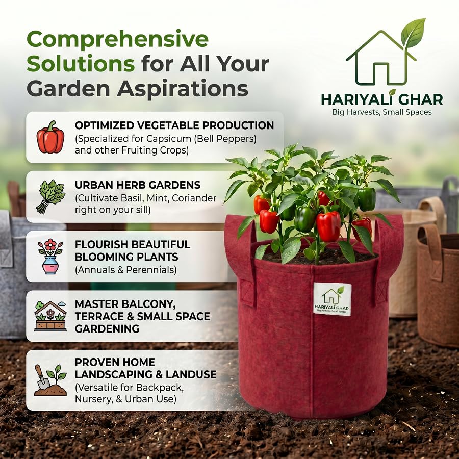 Image of 400 GSM Geo Fabric Round Grow Bags 8x8 Inch with Handle, Red Planting Bags for Terrace and Kitchen Gardening Pack of 8