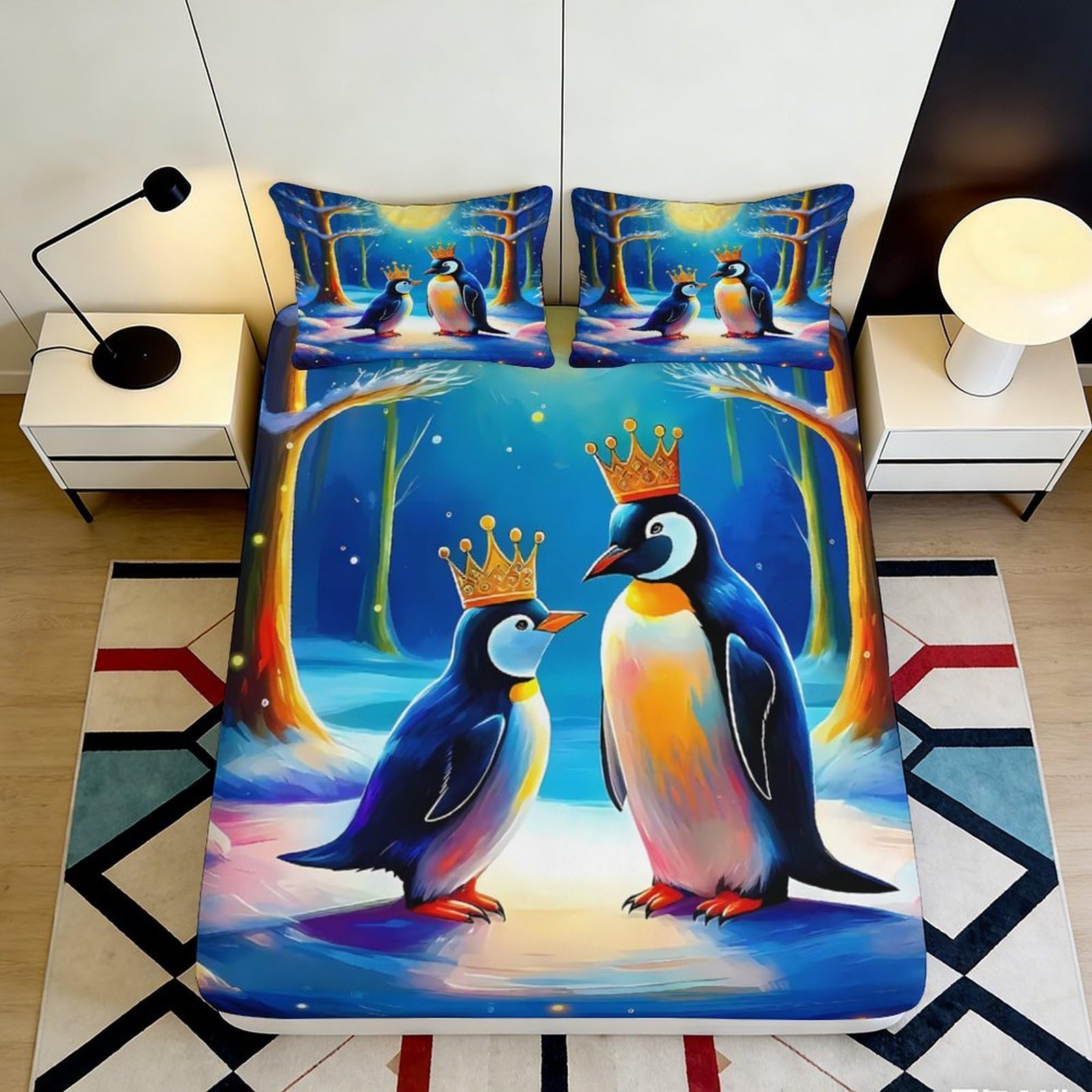 3D Printed Penguin Crown Pattern Fitted Sheet Microfiber Deep Pocket Non-Slip Bedding Penguin Mattress Fitted Cover 140x200x25cm
