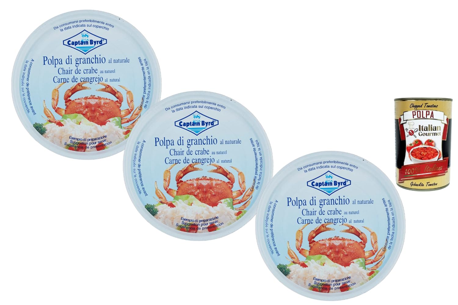 Italian Gourmet Bundle Krabbenfleisch 3x 200g + Italian Gourmet Polpa Gratis – Krebsfleisch/Crab Meat al Naturale, Meeresfrüchte-Konserve für Salat, Pasta, Antipasti, Sushi & Vorrat 600g