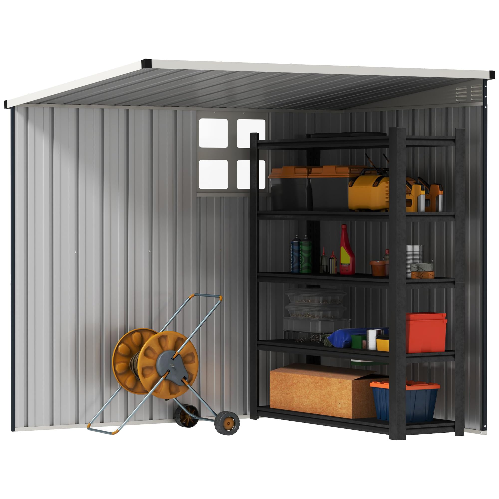 Outsunny Casetta da Giardino 2.6m² in Acciaio Zincato con 2 Prese d'Aria e Finestra Trasparenti, Capanno Porta Attrezzi con Tetto Inclinato, Porta Bloccabile, Impermeabile e Anti UV, Grigio Scuro