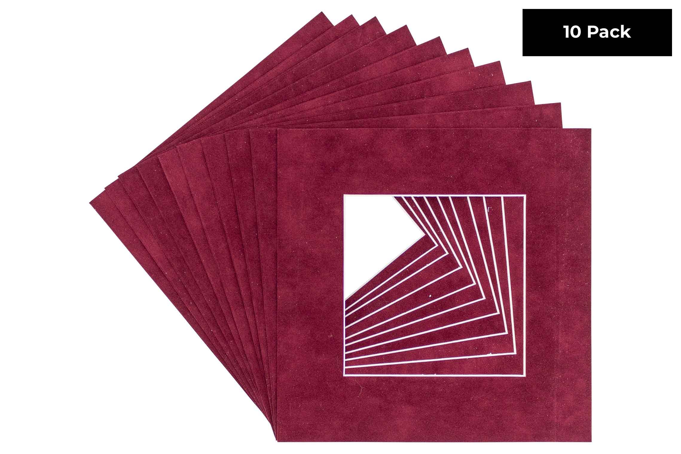 CountryArtHouse Dark Red Suede Acid Free 8x8 Square Picture Frame Mat with White Core Bevel Cut for 4x4 Pictures - Fits 8x8 Frame - Pack of 10 Matboards