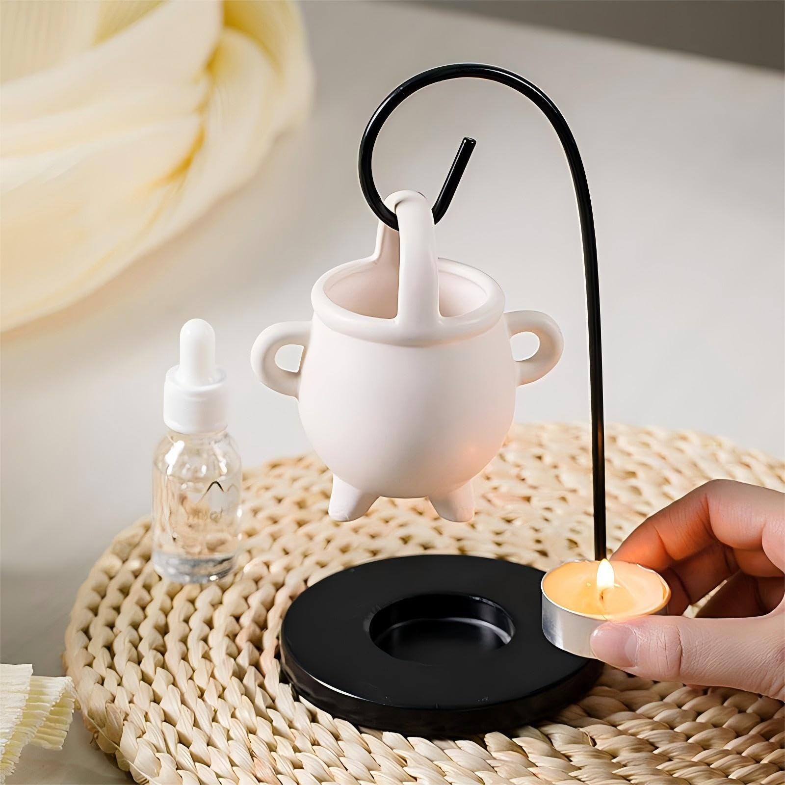 WARMCITY 2PCS Creative Magic Essential Oil Burner, Hanging Tea Lights Candles Halloween Wax Warmer Witches, Ceramic Aroma Diffuser, Wax Melt Burners, Housewarming Gifts (White)