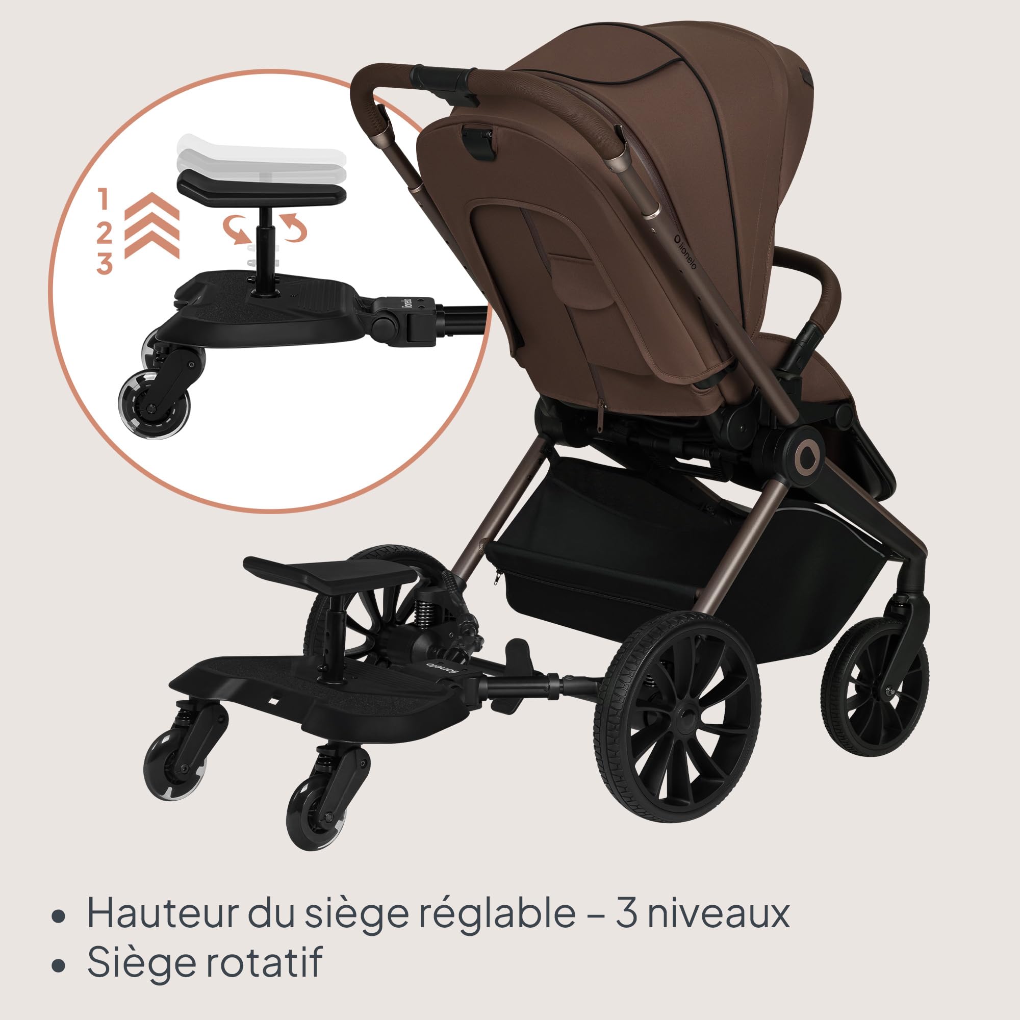 LIONELO Buggy Board Planche 2 en 1 pour poussette avec siège amovible, ajustement universel, absorption des chocs, roues LED, jusqu'à 25 kg, pour enfants de 2 à 5 ans