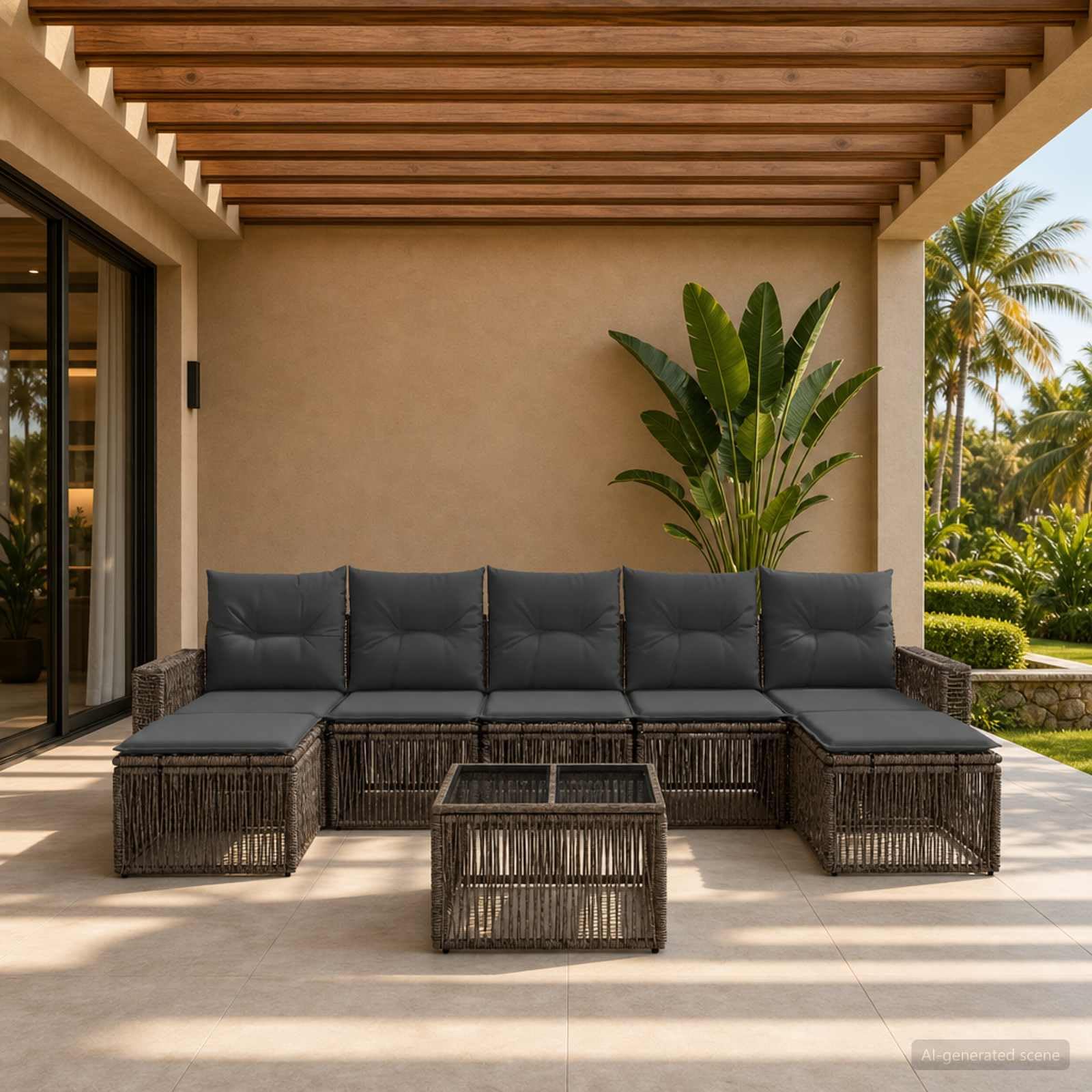 Ensemble de canapé de Jardin polyrotin Gris Gris foncé 8 pièces modulable, Coussins Polyester Amovibles et lavables pour terrasse Balcon Patio détente extérieure