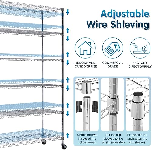 Miniatura 7 de Estantes de almacenamiento, estante de metal, estantería de alambre con ruedas, certificación NSF de 6 niveles, altura ajustable, estantería de