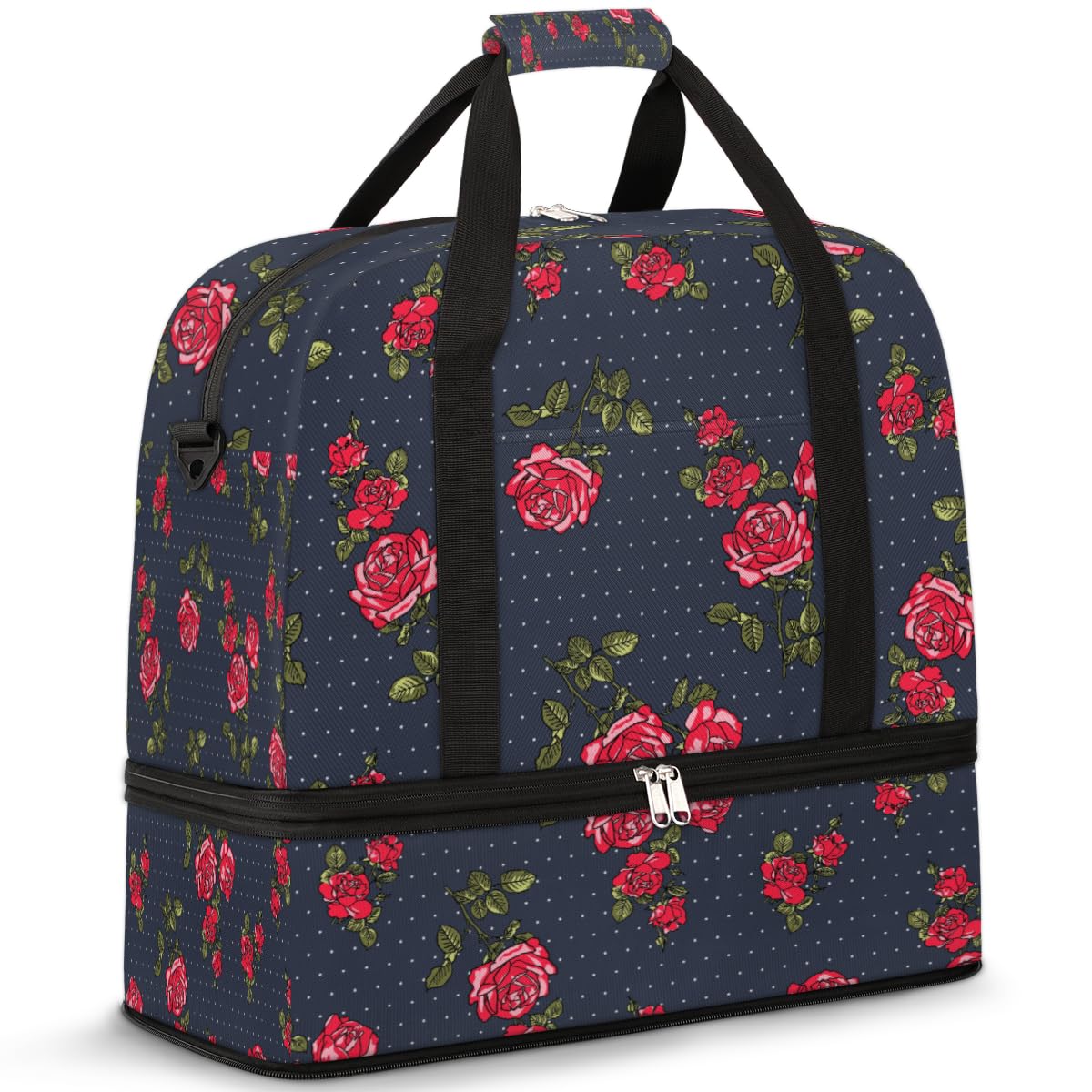 Bolsa de viaje plegable con diseño de lunares de rosas de 47 litros, bolsa de fin de semana con funda de carrito, bolsa de hombro separada para deportes, gimnasio, viajes, multicolor, 47L, Bolsa de