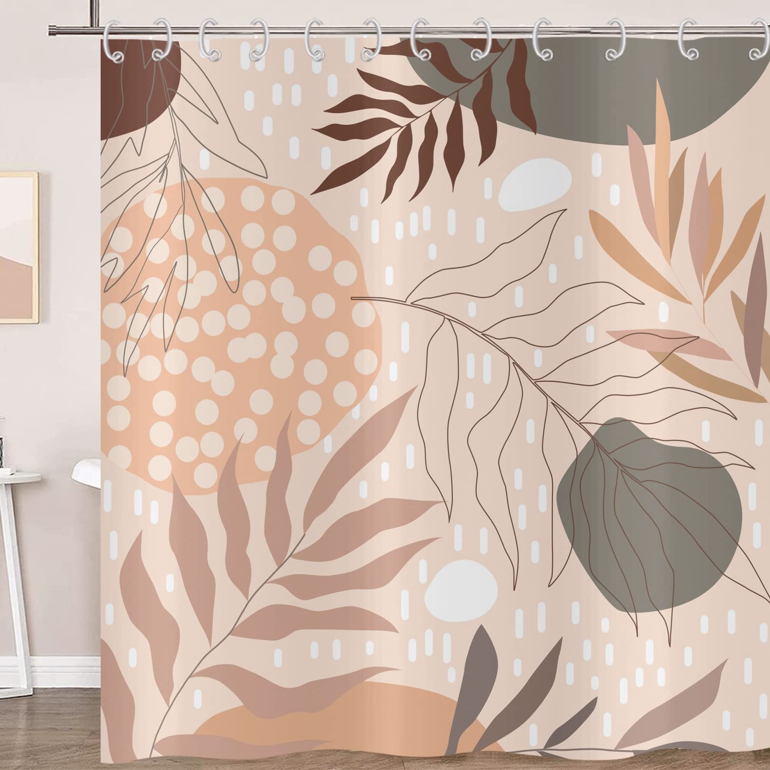 Hnmdmyi Boho Shower Curtain 165x180, Abstract Leaves Plant Beige Bathroom Curtains Mid Century Modern Geometric Minimalist Aesthetic Art Waterproof Polyester Fabric Washable Bath Curtains with Hooks — image 1