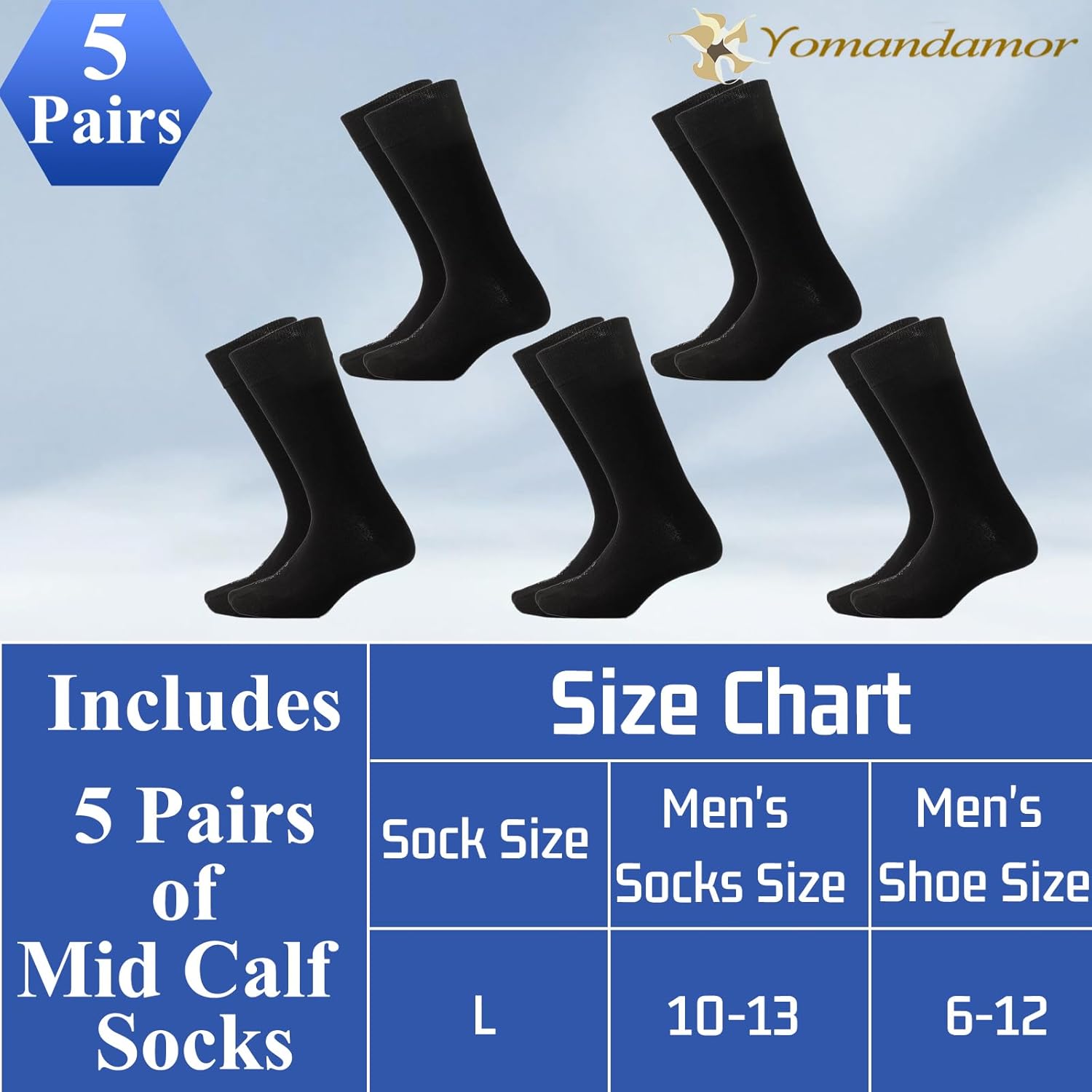 Yomandamor Men's 5 Pack Mid-Calf Dress Socks,Size 10-13 - Image 5
