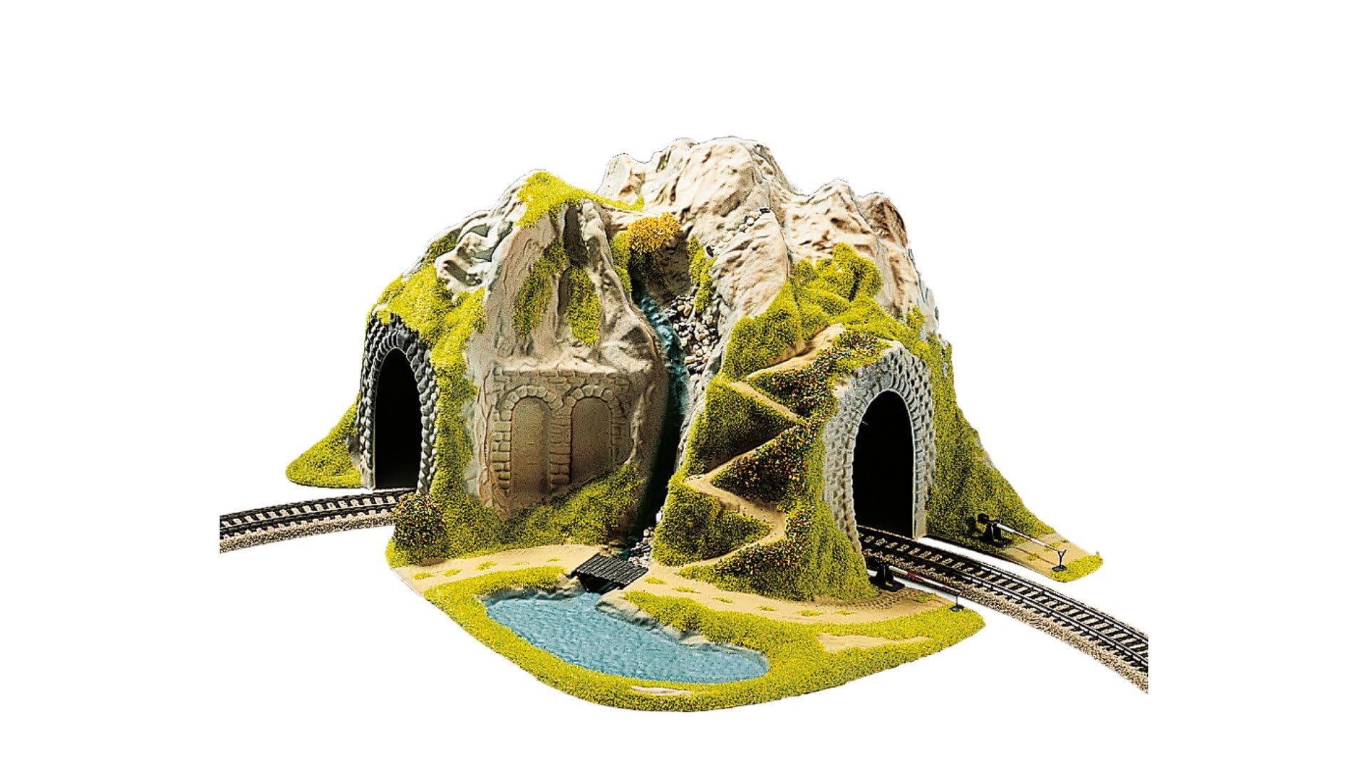 NOCH® Ecktunnel, 1-gleisig gebogen mit antiker Arkadenmauer für H0 Modelleisenbahnlandschaft, inklusive kleinem Badesee und Kanu