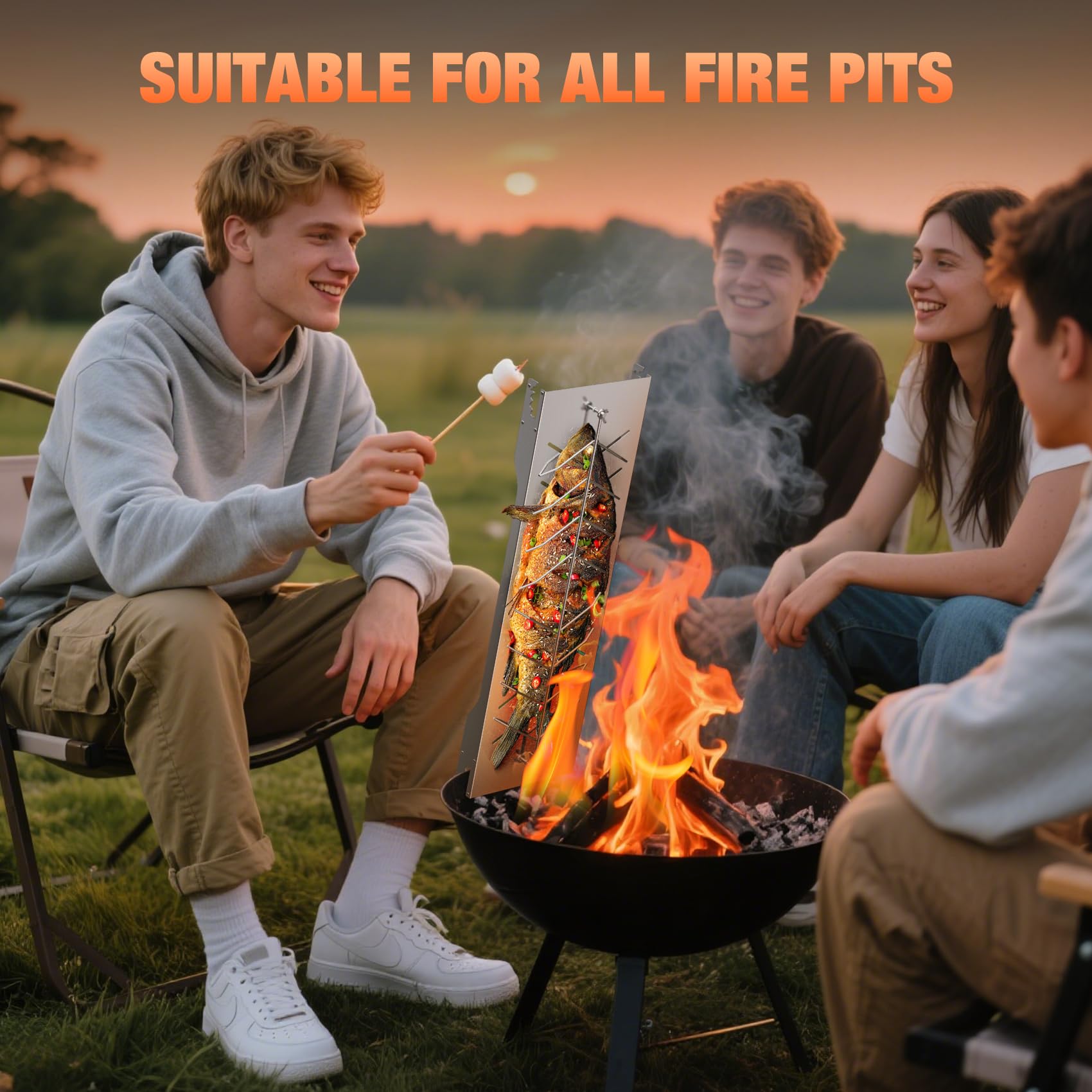 onlyfire Flammlachsbrett Edelstahl, Extra Breit 19cm Flammlachshalter, Lachsbretter zum Grillen Feuerschale und Kugelgrill, Robustes Lachsbrett, 180° Drehbar, Groß Flammlachs Halterung
