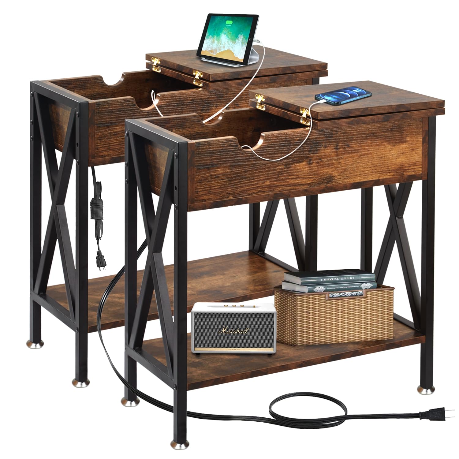 TooCust End Tables Living Room Set of 2, Narrow Side Table with Charging Station, 12" D x 24" W x 24" H, Flip Top End Table with USB Ports and Outlets