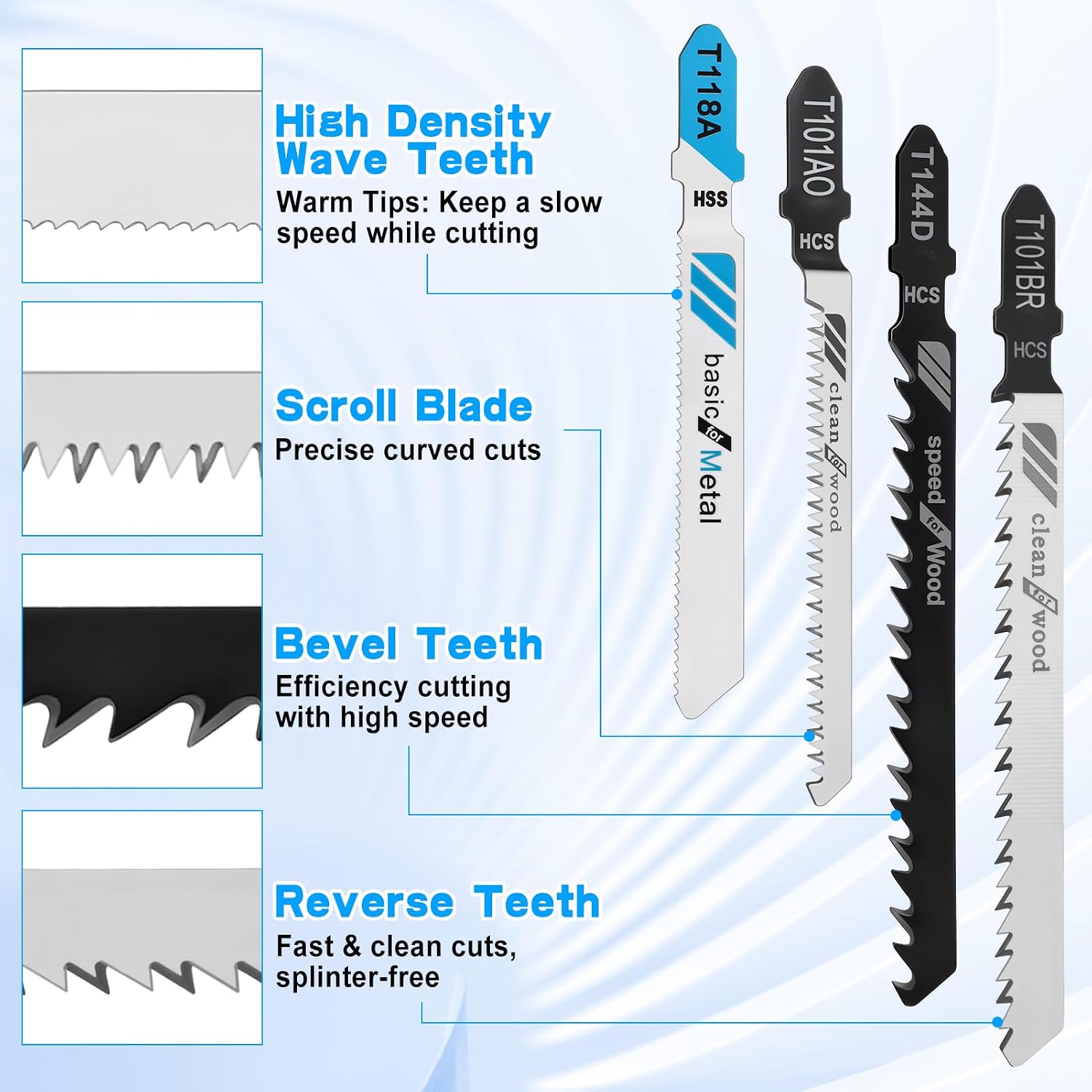 Jigsaw Blades, 50PCS Assorted T-Shank Jig Saw Blades for Wood, Metal and Plastic Cutting (T118A,T118B,T101AO,T101B,T101BR,T144D), HCS/HSS Multi-Purpose Fine Finish Jigsaw Blade Set with Case