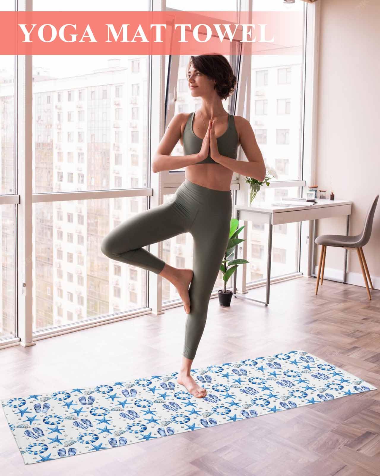 BOSIJOY Yoga Mat Towel,Ocean Starfish Pearl Flip-Flops Non Slip Sweat Absorbent Hot Yoga Towels with Corner Pockets,Seamless Marine Life Swim Ring Soft Microfiber Towel for Pilates Bikram 74
